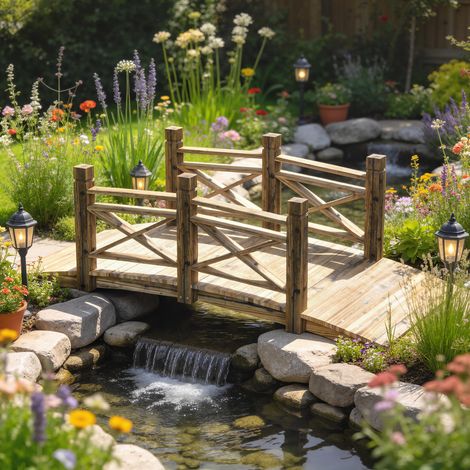 Pont en bois avec rambarde, pont de jardin en sapin, pont d'étang style ancien, praticable, 174 x 78 x 57,5 cm, carbonisé