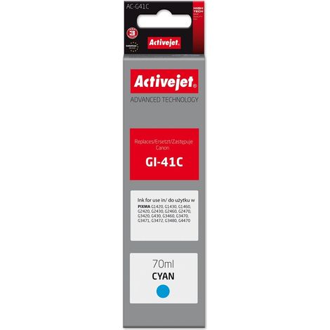 Bouteille d'encre Activejet AC-G41C pour imprimantes Canon, compatible avec Canon GI-41C 4543C001  qualité supérieure  70 ml  cyan