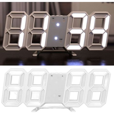 Horloge Murale LED 3D Cadre Blanc Minimaliste avec Alarme, Timer et Température pour Salon, Bureau, Chambre (1/5)