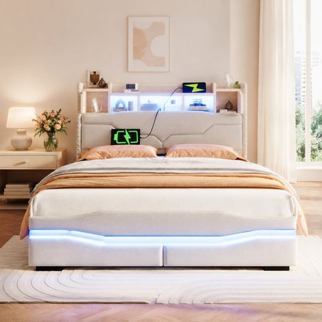 Letto imbottito 140x200 cm beige in lino e MDF con contenitore idraulico e LED (1/5)