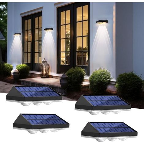Lot de 4 Lampe Solaire Exterieur Applique, Lampes Solaires IP65 Étanche Avec 3 Modes 3000K/4000K/6000K, Auto ON/OFF Solaire Extérieur pour Clôture, Cour, Patio, Jardin Mur Décoration (1/5)