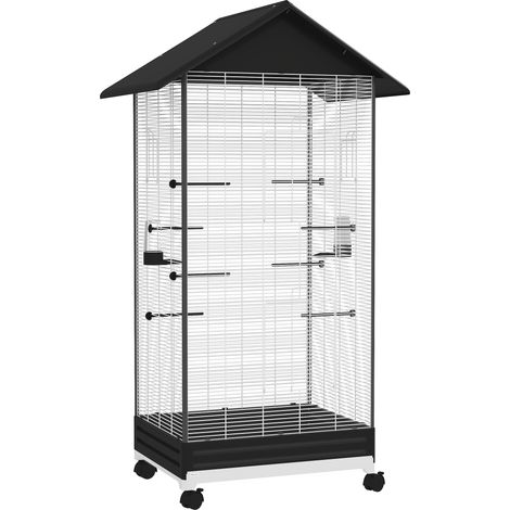 Cage oiseau sur pied volière intérieure à roulettes 2 mangeoires 8 perchoirs 79 x 65 x 155 cm fil acier noir (1/5)
