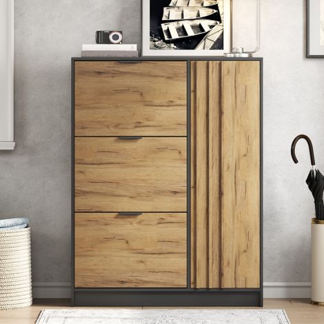 Scarpiera 100x30x130cm in MDF, con 3 scomparti a ribalta e 1 scomparto con anta, porta scarpe per un massimo di 12 paia (circa 2 paia per ripiano), portata massima 50kg, mobile da ingresso, colore leg (1/5)