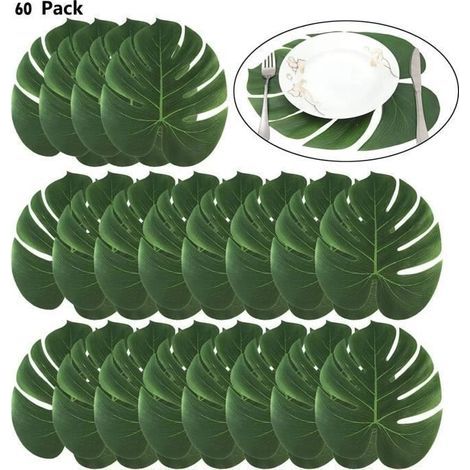 MTEVOTX Lot de 60 grandes feuilles de palmier tropicales artificielles pour les décorations de fête à thème jungle, 35 x 29 cm (1/4)