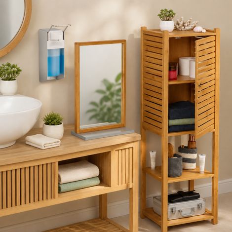 Set da bagno in bambù (3 pezzi) – Mobile contenitore, dispenser di sapone a leva e mensola a specchio da parete (1/5)