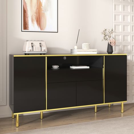Buffet bas LED de salon 150 x 40 x 80 cm avec 4 portes, 1 tiroir et grand rangement, finition noir brillant, détails dorés, pieds métal doré (1/5)