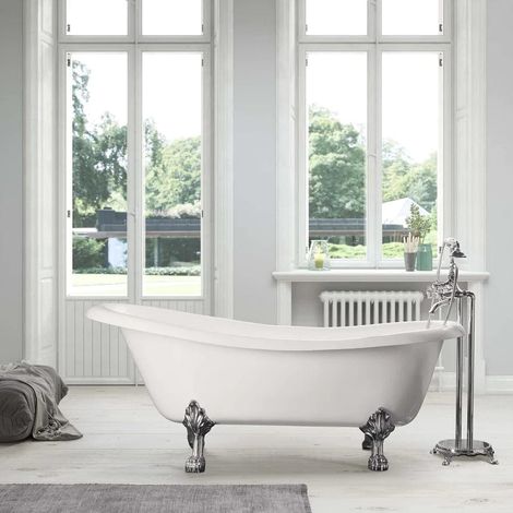 Freistehende Gusseisen Badewanne LIVINGSTON weiß Füße CHROM 170 (1/4)