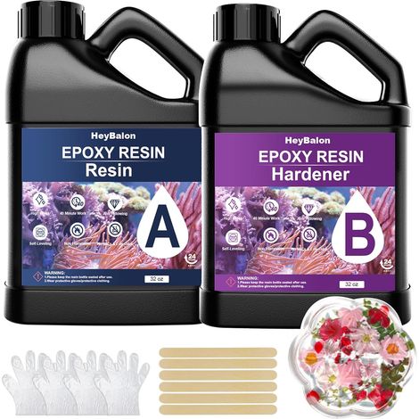 Resine Epoxy Transparente et Durcisseur, 1000 ml / 34oz Résine époxy transparente, 1: 1 Ratio Revêtement en résine époxy cristalline pour Craft,Fabrication de Bijoux, Tables de rivière (1896ml) (1/5)