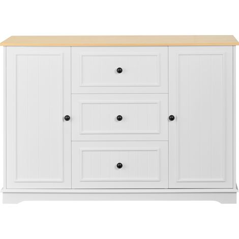 Buffet de rangement blanc et bois clair à 3 tiroirs, portes fermées et étagères réglables, meuble de salle à manger, salon et entrée, 126 cm – CHICFURN (1/5)