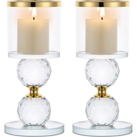 Portacandele a colonna trasparenti, set da 2, portacandele in vetro, porta lumini, decorazione da tavolo per soggiorno, matrimonio, banchetto, camino, oro (1/5)