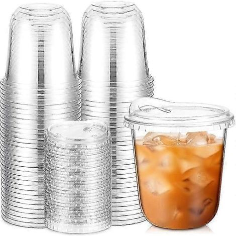 50 gobelets en plastique transparents à fond rond avec couvercles à bec verseur pour café glacé smoothies et traiteurs.