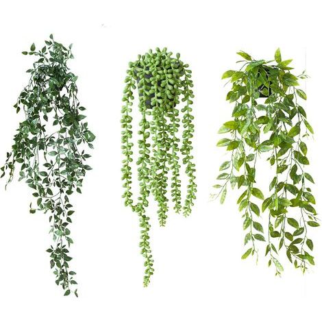 Plante Artificielle Tombante - 3Pcs Plantes Artificielles avec Pots Interieur Extérieure Decoration -Vert Faux Lierre Suspendue (1/5)