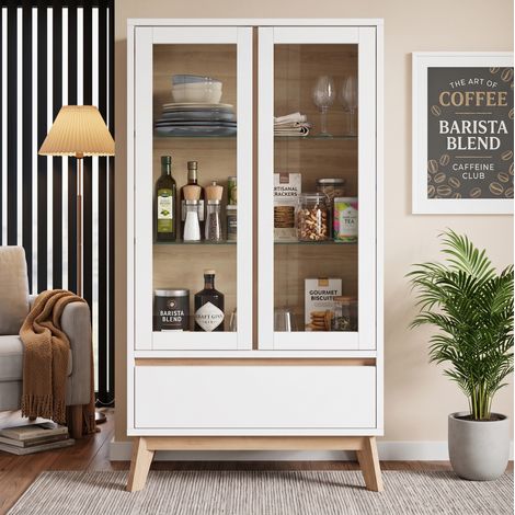 Credenza alta 80x40x150 cm in pannelli di particelle bianco e legno - MEUBLIV (1/5)