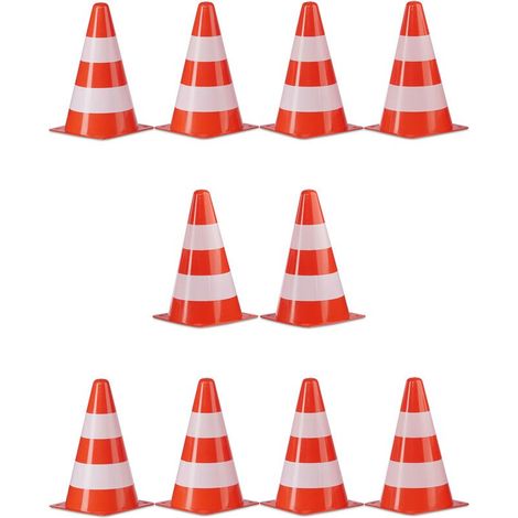 Relaxdays 10er-Pack stapelbare Verkehrskegel mit schwarzem Beutel, 22 cm hoch, orange/weiß