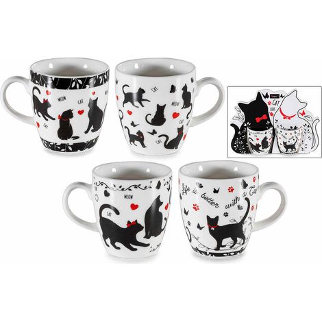 Tazzine da caffè in porcellana con stampa gatti in confezione regalo sagomata da due pezzi, set da 4 pezzi, Tazzina: Ø 5,5 cm x 6 H