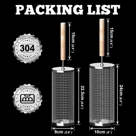 Lot de 2 paniers à griller emboîtables, poignée en bois amovible, acier inoxydable 304, filet à griller roulant (1/2)