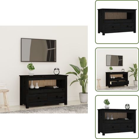 The Living Store Mobile Porta TV Nero 79x35x52 cm in Legno Massello di Pino - Mobile tv in legno