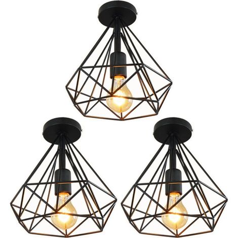 3 Piezas Lámparas de Techo Industrial Vintage Lámparas Colgante Metal Iluminación de Techo Jaula Diamante Negro Ø25cm
