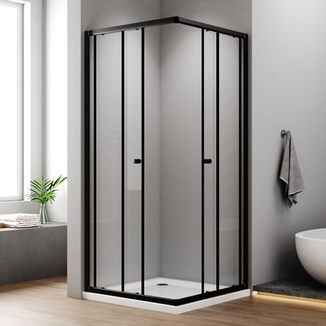 Eckeinstieg Duschkabine 75x90 cm Schwarz Schiebetüren aus 6mm ESG Sicherheitsglas Duschabtrennung Eckeinstieg Duschwand Höhe 185cm (1/5)