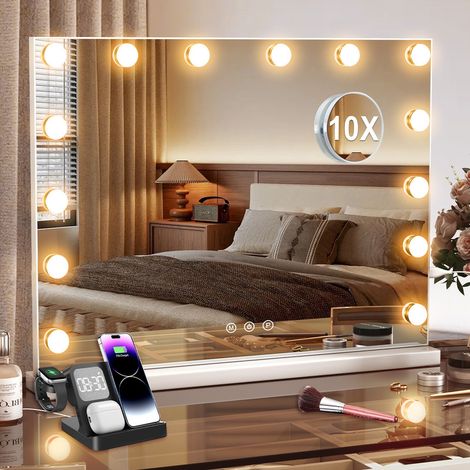 Miroir de maquillage Hollywood avec éclairage LED – 3 températures de couleur réglables, miroir de coiffeuse avec loupe 10× (1/5)