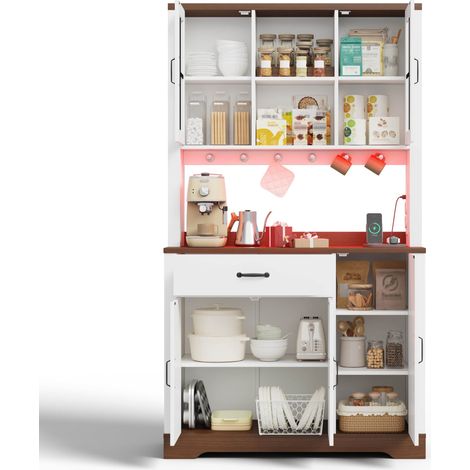 Kommode im Scheunenstil – hoher Küchenschrank – Küchenschrank mit LED und Steckdosen – 185 x 105 x 40 cm – Vintage-Holzimitat