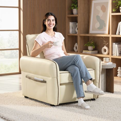 Fauteuil de Salon Moderne avec Rembourrage Épais, Poche Latérale et Revêtement en Simili Cuir, Beige (1/5)