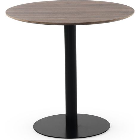 Table en mélamine noyer, diamètre 80 cm, piètement central en métal noir (1/3)
