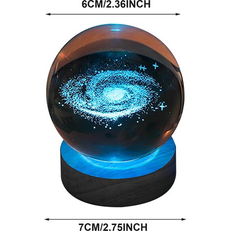 Boule de cristal lumineuse LED 6cm sur socle bois naturel 7cm, veilleuse décorative multicolore USB (1/5)