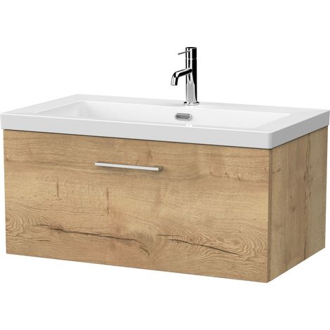 Pershall Contemporary Wall Hung 1 Drawer Vanity Unit with 1 Tap Hole Fireclay Basin, 800mm, Autumn Oak