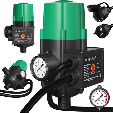 KESSER® Pumpensteuerung mit Baranzeige mit Kabel 10 bar Druckwächter elektrisch Druckschalter überwacht den Wasserdruck - automatisches Ein- und Ausscchalten Mit Kabel - Grün/Schwarz
