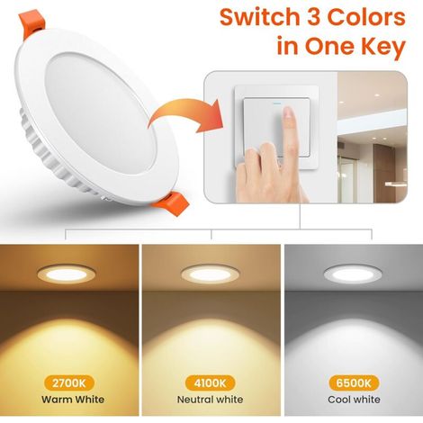 Faretto LED da incasso 7W 600LM, faretto da soffitto IP44 da incasso 110-220V per bagno, soggiorno, cucina [2700-4100-6500K] [profondità di incasso 27mm] [diametro del foro 75-95mm] [confezione da 6]  (1/4)