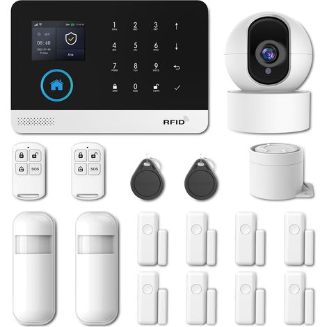 Système d'alarme Domestique sans Fil, 17 pièces GSM SMS WiFi Système d'alarme antivol Complet, sirène d'alarme avec PIR, capteur de fenêtre de Porte, télécommande pour Appartement, Garage, Bureau (1/5)