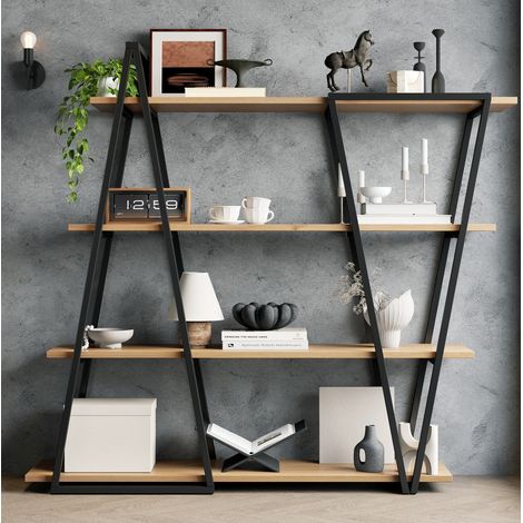 158×35×166 cm Geometrisches Stehregal – Bücherregal / Offenes Metallregal mit 25 mm Verdickt MDF-Holzböden, Dreiecksdesign, für Wohnzimmer, Küche & Arbeitszimmer,Regal - Bücherregal (1/5)