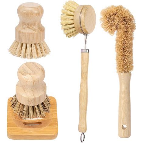 Ensemble de 5 brosses à vaisselle en bois, comprenant une brosse à vaisselle avec manche, un goupillon, un manche long et 2 brosses à vaisselle en bois avec support carré pour la vaisselle et les cass (1/5)