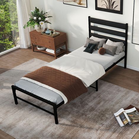 Letto singolo 90x200 cm nero in metallo e MDF con testiera confortevole (1/5)