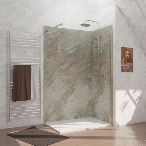 pack 2 panneaux muraux pierre wood stone 120+90x210 cm + profilés or brossé (1/4)