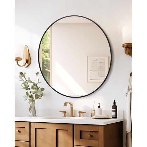 Bathroom Mirror - Round 20 Inch - Black Frame, Aluminium & Resin - for Bathroom, Vanity, Wall Mounting (1/5)