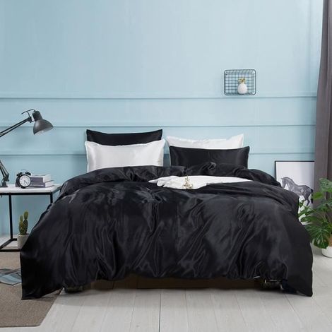 Ensemble de literie 4 pièces, Housse de Couette 200 x 230cm + Drap de Lit 230 x 245cm + 2 x Taie d'Oreiller 48 x 74cm,Noir (1/4)