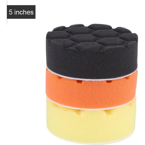 Kit de 3 disques éponge 125mm pour polisseuse auto, lustrage, cirage, orange noir jaune (1/5)