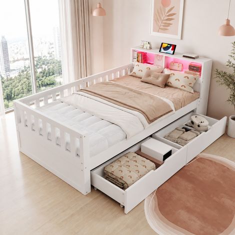 Cama multifuncional 90x200 cm con cajones, LED y enchufes integrados blanca OKMYHOME (1/5)