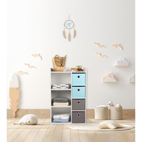 Meuble de rangement enfant 3 niches – Armoire en panneaux de particules – 4 tiroirs et paniers amovibles – Dimensions L. 62 x l. 29,5 x H. 96 cm – Urban Living