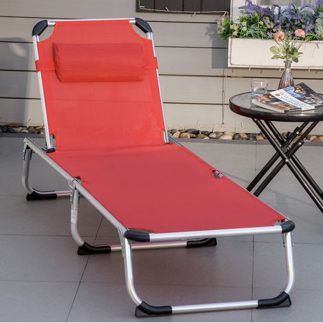Lettino da esterno pieghevole in alluminio rosso, schienale regolabile 4 posizioni con cuscino removibile, 165x60x76 cm (1/5)