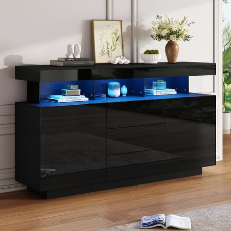 Buffet design noir 140x35x80cm acrylique LED 16 couleurs rangement salle manger cuisine couloir brillant lumineux (1/5)