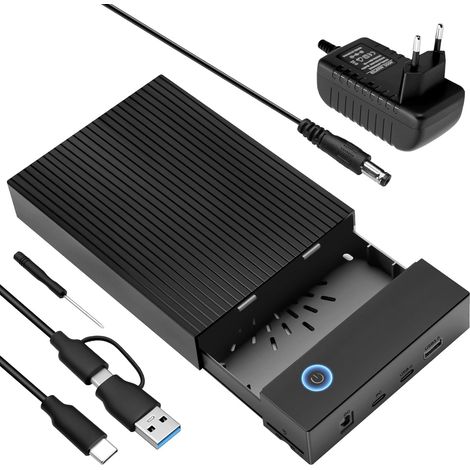 Adaptateur de disque dur 6 Gbps USB C/USB 3.0 SATA HDD Station d'accueil pour disque dur SATA HDD/SSD 2,5/3,5" Prise en charge de la carte SD & TF avec adaptateur secteur 12 V/2 A