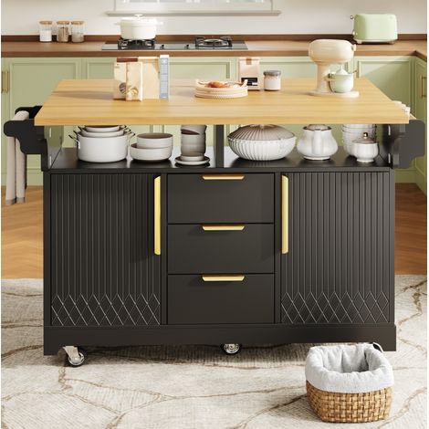 Isla de cocina 120x40x95 cm de paneles de madera negros con almacenaje FloraGrace (1/5)