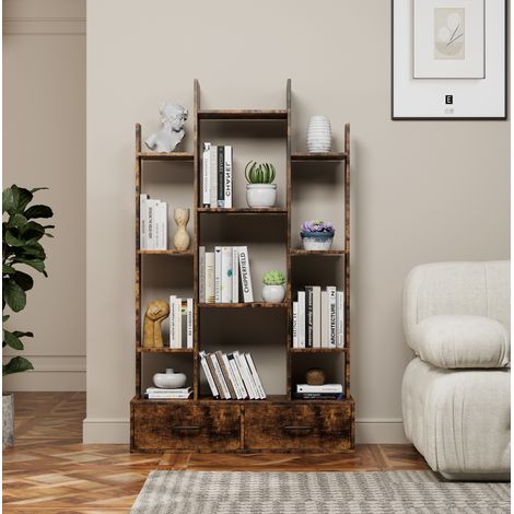 Libreria 86.1x25.1x140.5 cm marrone in legno e metallo con 12 ripiani aperti e 2 cassetti (1/5)
