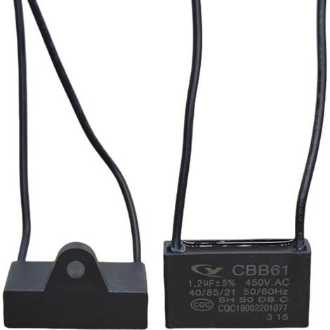 Packung mit fünf CBB61 1,2 µF 450 V Anlaufkondensatoren, mit Drähten, Allzweck-Arbeitskondensatoren, 35 mm Durchmesser, 85 °C Betriebstemperatur.