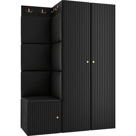 Meuble d'entrée Hartford 387, Noir, 186x116x46cm, Stratifié, Faux cuir, MDF, Murale, À poser (1/5)