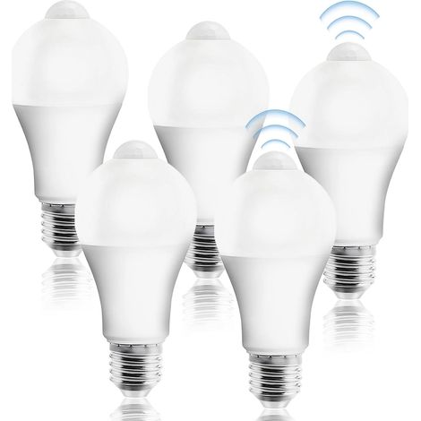Ampoule LED E27 avec détecteur de mouvement PIR, lot de 5, 5 W, Blanc froid, non dimmable, angle de faisceau 120°, 1100 lumens, IRC 80, lampe pour couloir, garage, escaliers (1/5)