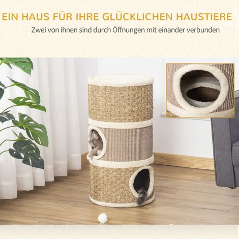Tonne à griffer pour chats 70 cm haut Ø 37,5 cm, 3 niveaux avec corde en sisal, niche en peluche, arbre à chat pour grands félins, kaki+marrron (1/5)